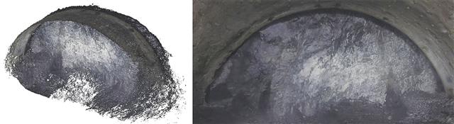 作成した三次元モデル（左）とモデルから作成した切り羽画像