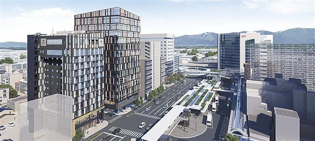 鳥瞰イメージ。四日市三交ビルＡＮＮＥＸ（左側手前）と近接する四日市三交ビル（同２棟目）