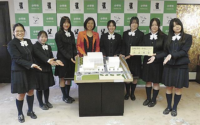 鉄道模型を製作した生徒と小林市長