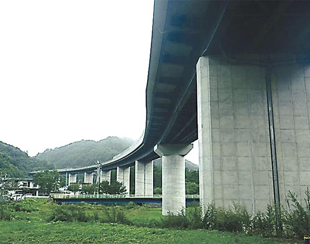 三陸沿岸道路「普代道路」にある普代大橋（鋼１０径間連続鋼コンクリート複合ラーメン橋、橋長４９０ｍ、東北地方整備局・建設技術提案〈３Ｄ賞〉受賞「軟弱地盤上の耐震性と維持管理性に優れた支承レスの鋼鈑桁とＲＣ橋脚の複合ラーメン構造」）