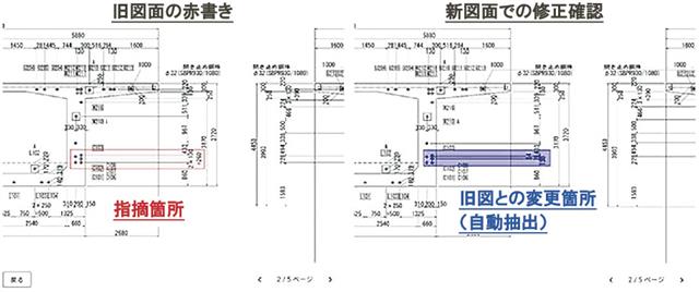 修正前後の図面データをＡＩが自動的に照査し、変更・修正箇所を抽出する　　