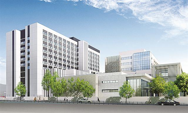 福岡大学病院新本館、右側は新診療棟